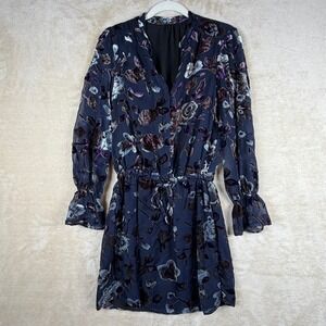 Velvet Floral Burnout Sheer Long Sleeve V Neck Mini Dress Navy Purple *READ*